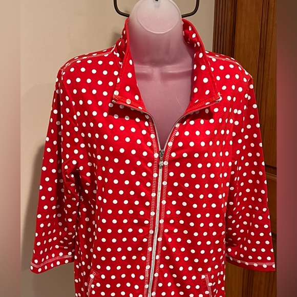 ONQUE CASUALS ZIP UP JACKET COVER UP LAYERING PIECE RED WHITE POLKA DOT LARGE - Picture 9 of 13